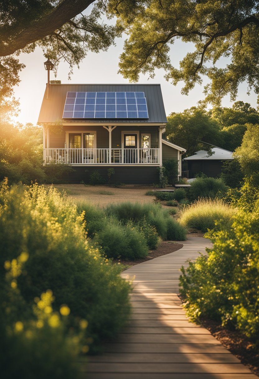 A sunny day in Waco, Texas. A cozy eco-friendly vacation rental surrounded by lush greenery and solar panels on the roof