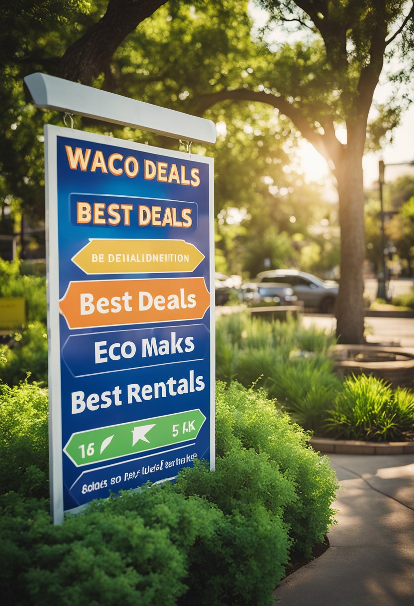 A colorful sign advertises "Best Deals on Waco Eco Rentals" against a backdrop of lush greenery and clear blue skies