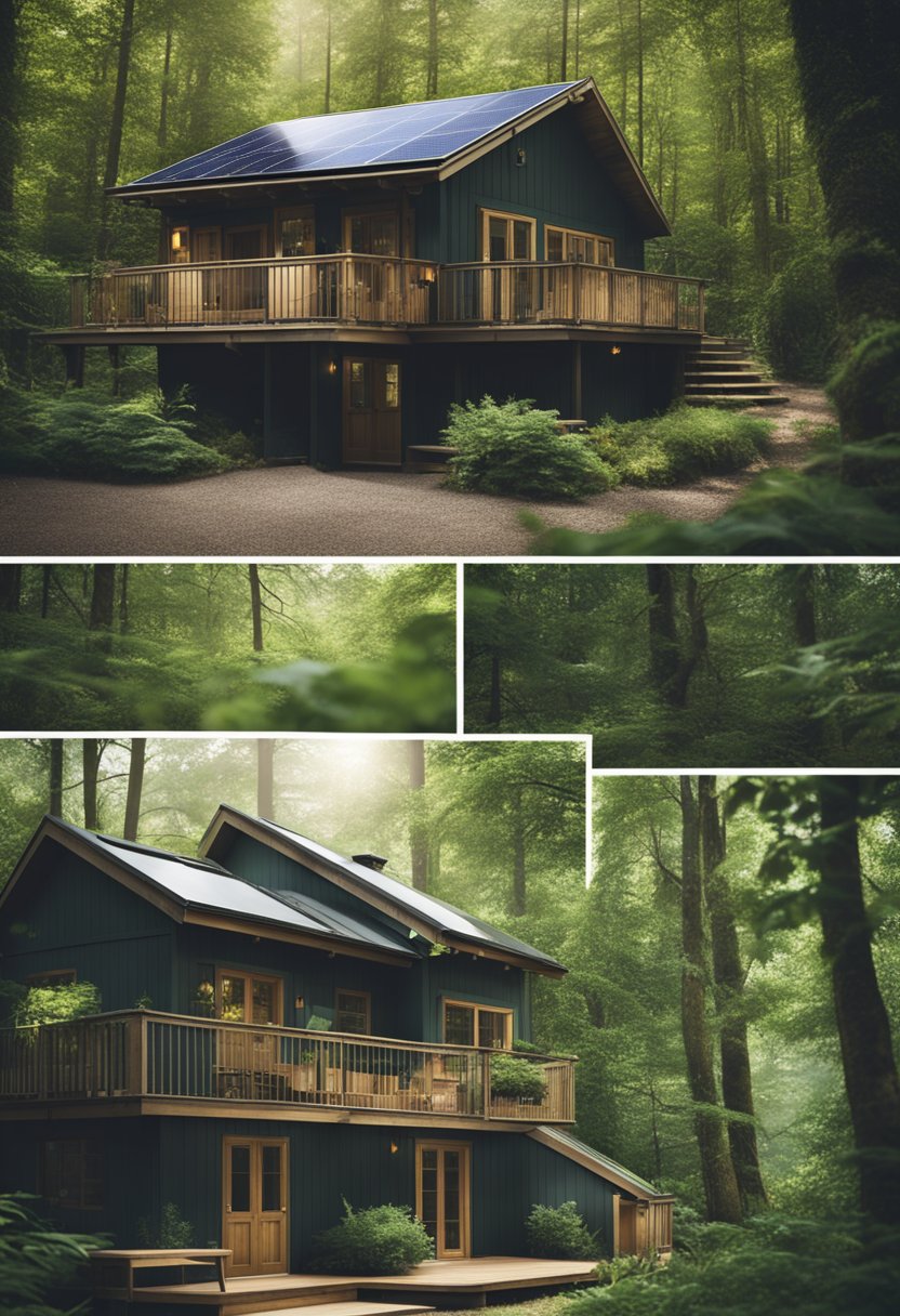 A cozy cabin nestled in a lush, green forest with solar panels on the roof and a composting system in the backyard