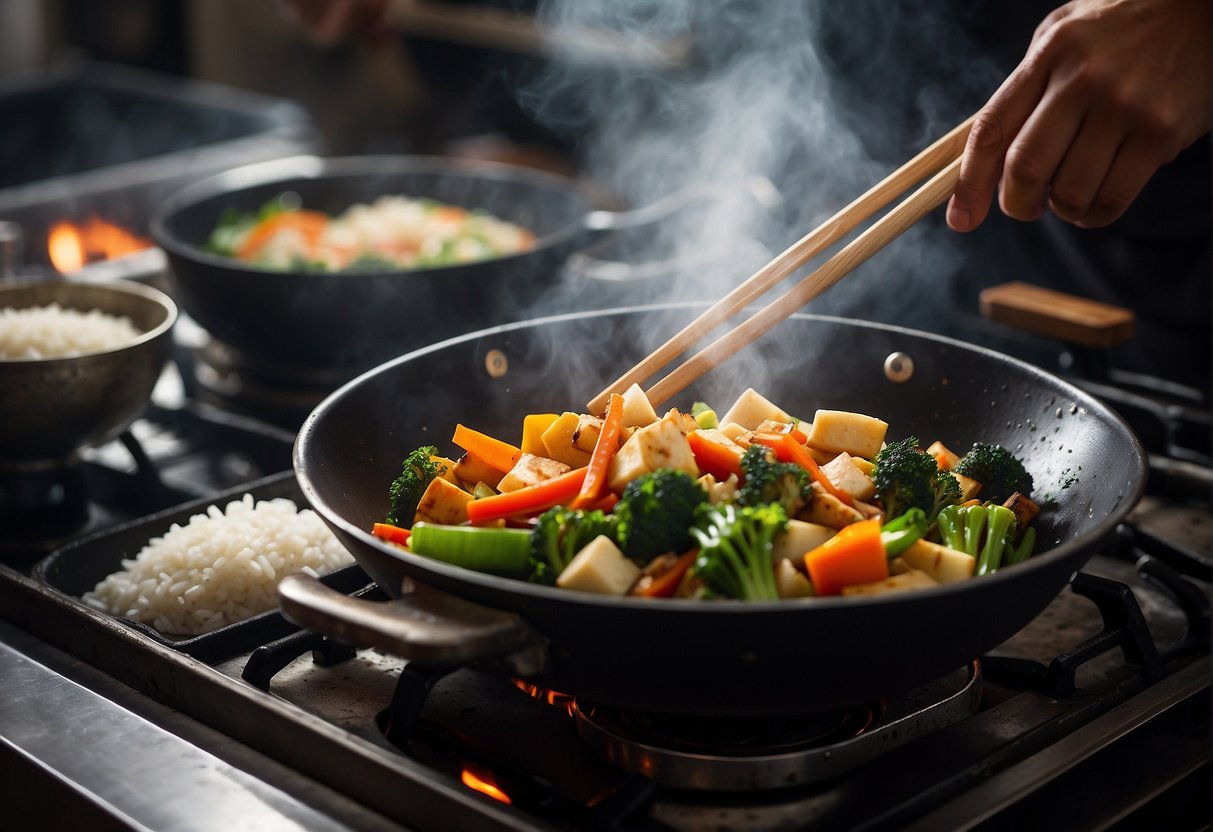 A wok sizzles with stir-fried vegetables and tofu. Steam rises as a chef adds soy sauce. A bowl of fluffy white rice sits nearby
