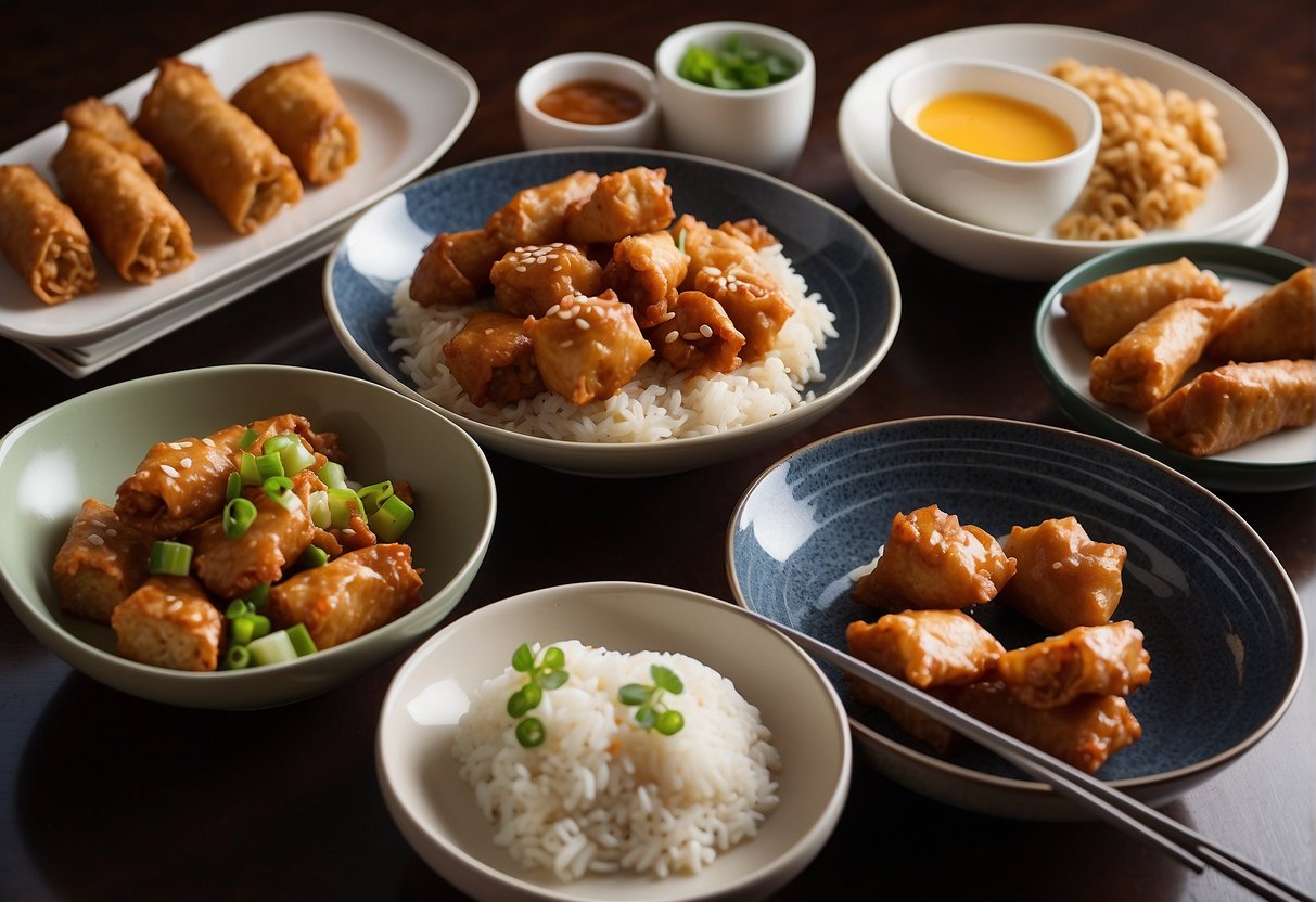 A table set with various Chinese takeout dishes, including fried rice, General Tso's chicken, and egg rolls, with chopsticks and fortune cookies