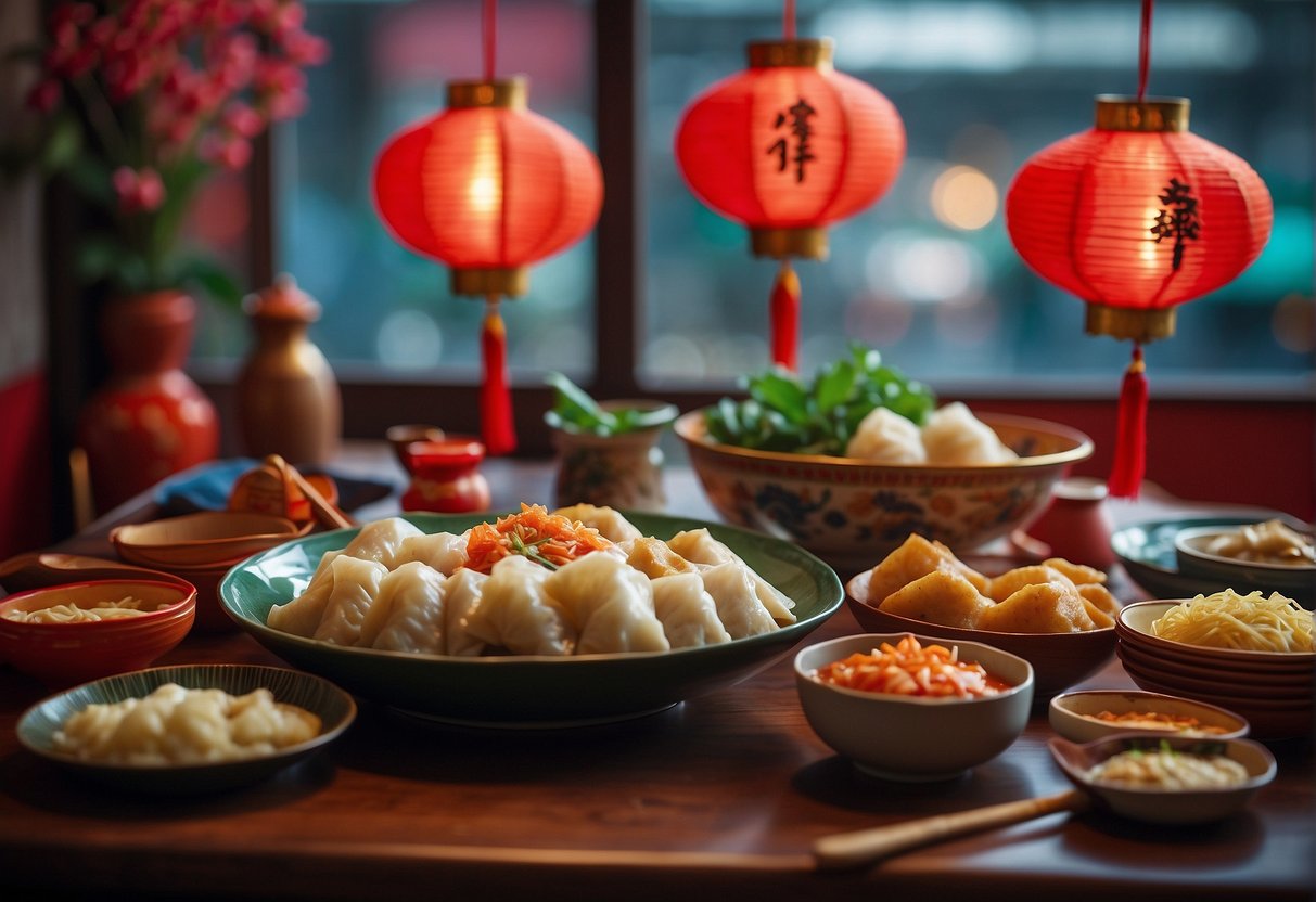 A table adorned with colorful dishes: whole fish, dumplings, and noodles, symbolizing prosperity and good fortune. Red lanterns hang in the background