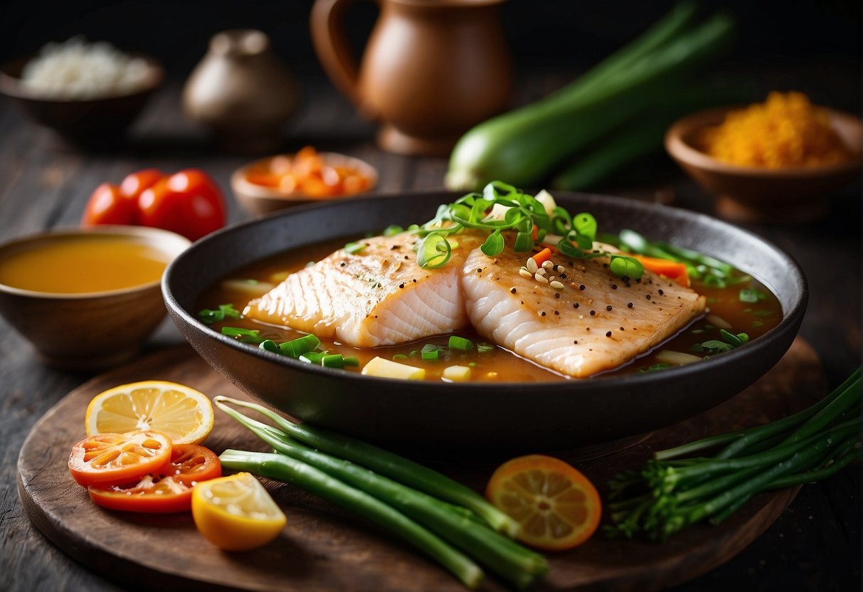 A large fish fillet simmering in a savory soy-based broth with ginger, garlic, and green onions, surrounded by colorful vegetables and aromatic spices