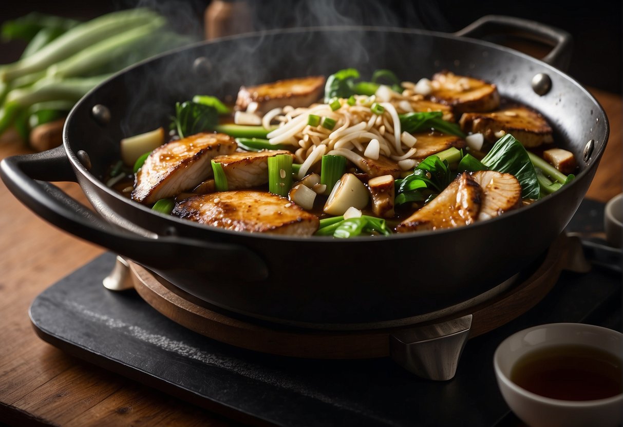 A large wok sizzles with soy sauce, ginger, and garlic as a whole fish fillet simmers in a fragrant braising liquid, surrounded by shiitake mushrooms, green onions, and bok choy