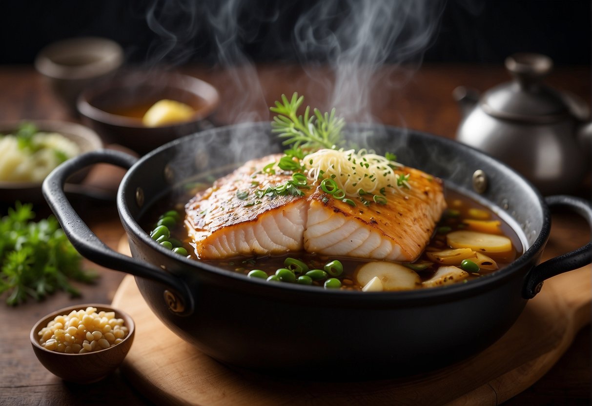 A pot simmering with soy sauce, ginger, and garlic, surrounding a tender fish fillet, with steam rising and a rich aroma filling the air