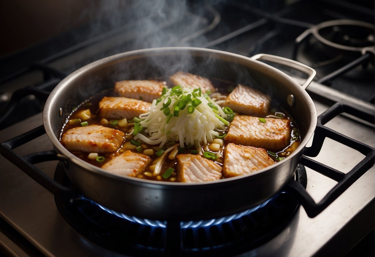 A pot simmers on a stove, filled with fish fillets in a savory soy-based sauce. Steam rises as the fish cooks, surrounded by slices of ginger and green onions