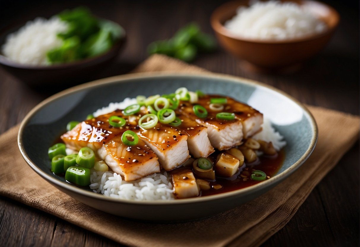 A steaming plate of Chinese braised fish fillet with ginger, garlic, and soy sauce, garnished with green onions and served with a side of steamed rice