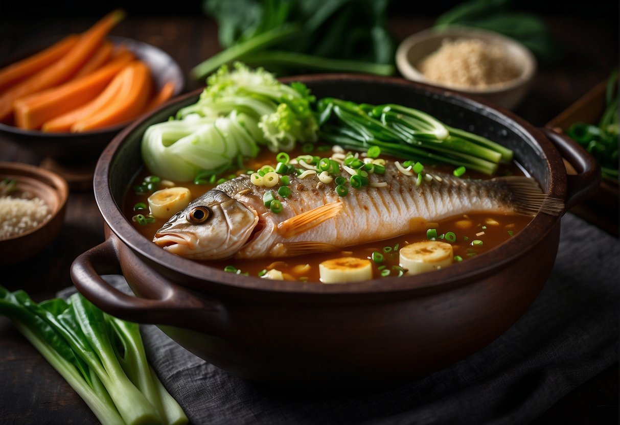 A whole fish simmering in a rich, aromatic sauce in a traditional Chinese clay pot, surrounded by vibrant green bok choy and garnished with sliced ginger and green onions