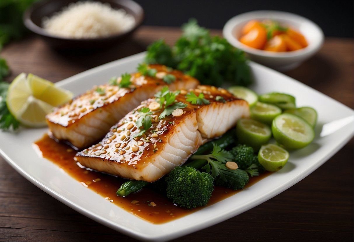 A plate of Chinese braised fish fillet with a side of steamed vegetables, a sprinkle of sesame seeds, and a garnish of fresh cilantro