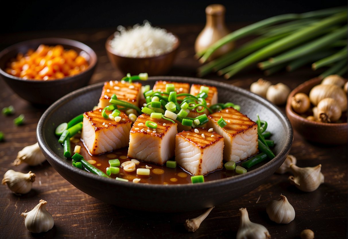 A table with ingredients: fish, soy sauce, ginger, garlic, and green onions. Substitution options for fish include tofu or seitan