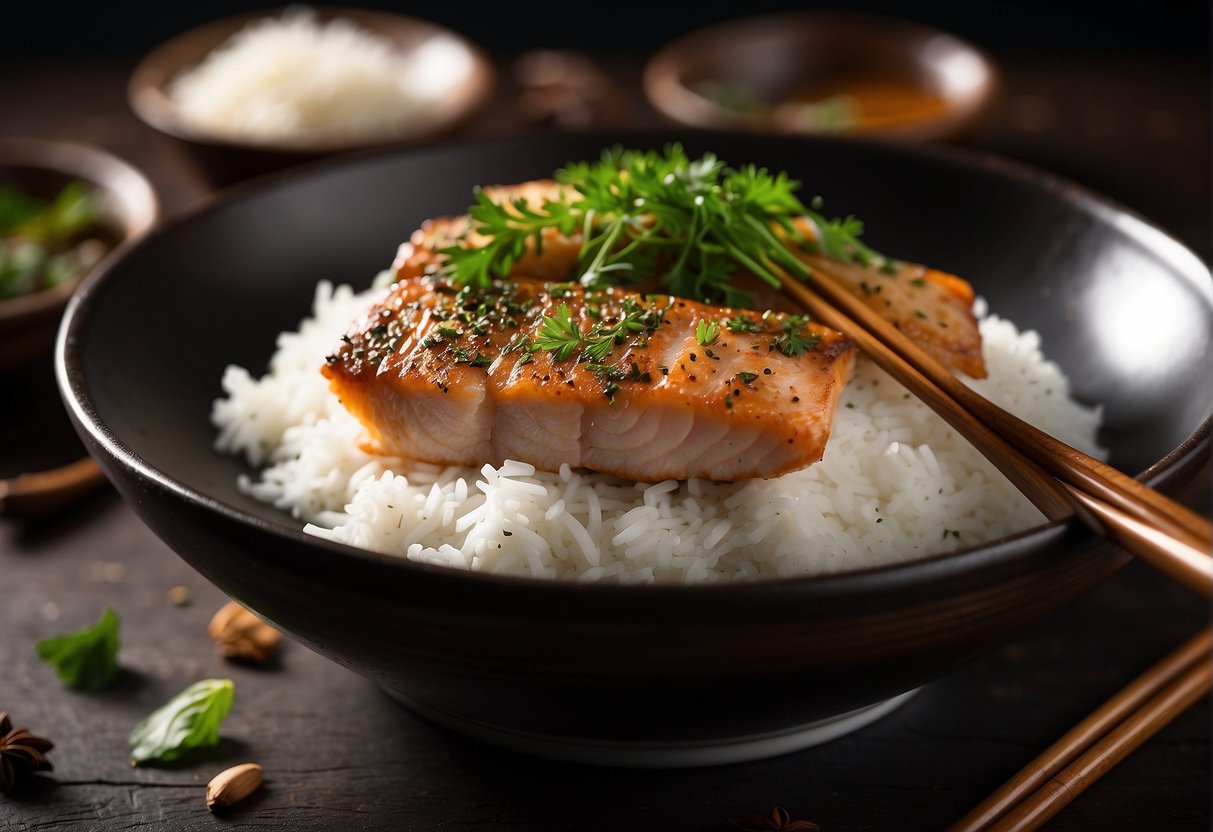 A steaming pot of braised fish fillet surrounded by aromatic spices and herbs, with a side of fluffy white rice and a pair of chopsticks resting on a delicate porcelain plate