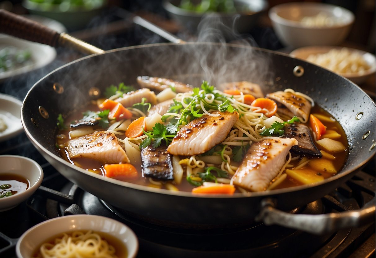 A large wok sizzles with soy sauce, ginger, and garlic as a whole fish simmers in the fragrant broth, releasing mouthwatering aromas
