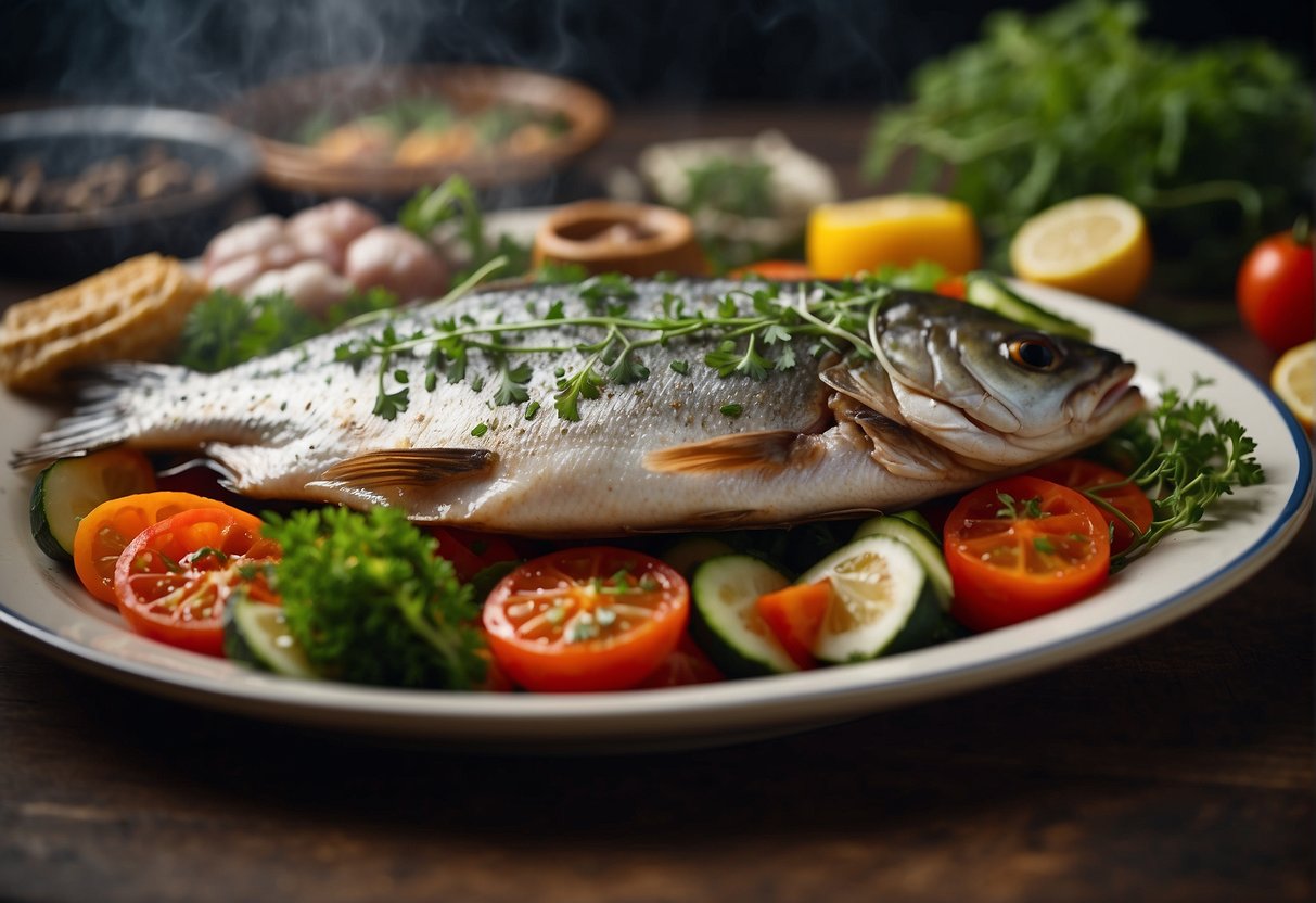 A large platter with whole braised fish, surrounded by vibrant vegetables and aromatic herbs, steaming and ready to be served