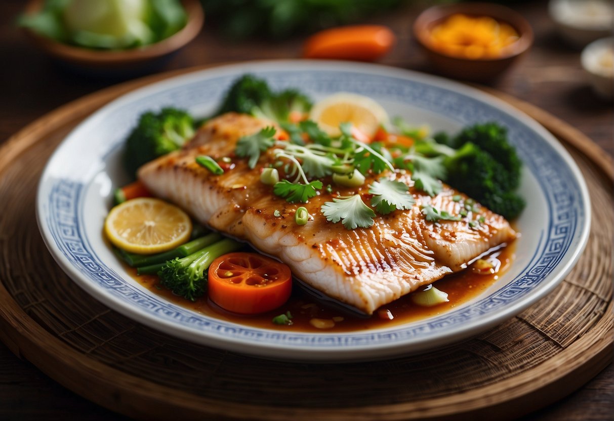 A steaming plate of Chinese braised fish with a rich, savory sauce, surrounded by vibrant, colorful vegetables and garnished with fresh herbs
