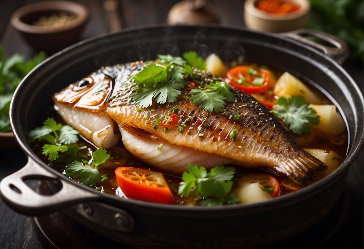 A steaming pot of Chinese braised fish surrounded by aromatic spices and herbs, with a hint of soy sauce and ginger in the air