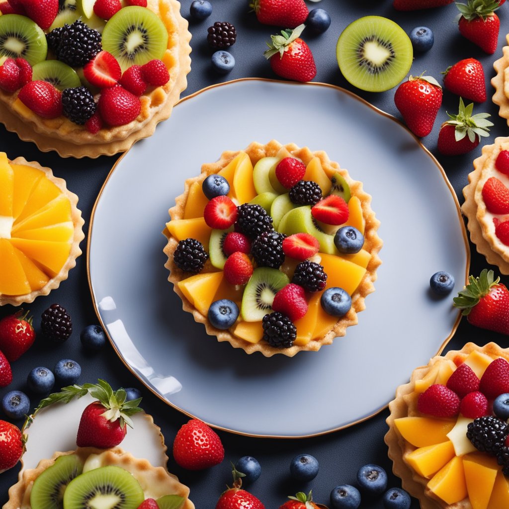 A vibrant fruit tart sits on a delicate pastry crust, adorned with an array of colorful fresh fruits, glistening with a light glaze