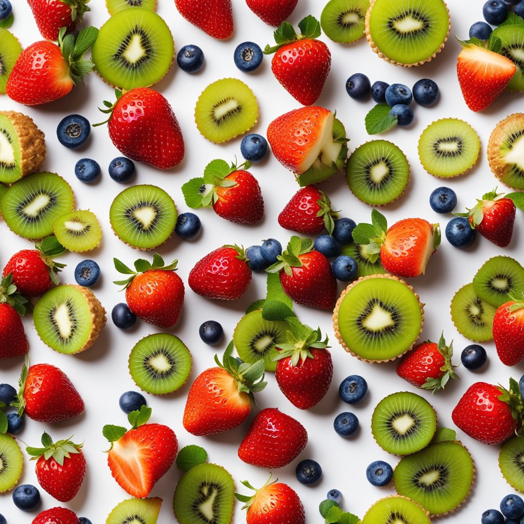 A colorful array of fresh fruits, including strawberries, blueberries, and kiwi, laid out on a pristine white marble countertop next to a golden-brown, flaky tart shell