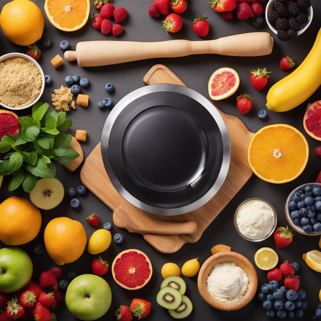 A table set with vibrant fruits, a rolling pin, and a mixing bowl. A tantalizing aroma fills the air as the pastry crust is being rolled out