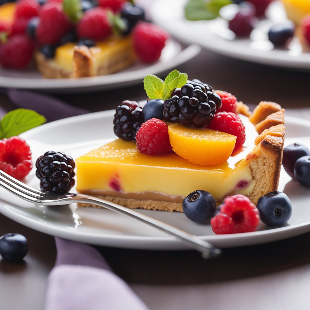A colorful fruit tart sits on a white plate, surrounded by vibrant berries and sliced fruits. A fork rests beside it, ready to indulge in the sweet treat