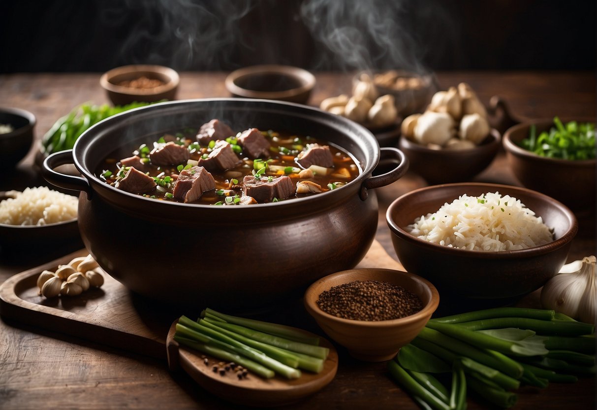 A large pot simmering with chunks of tender mutton, soy sauce, ginger, and star anise, surrounded by bowls of garlic, green onions, and Sichuan peppercorns