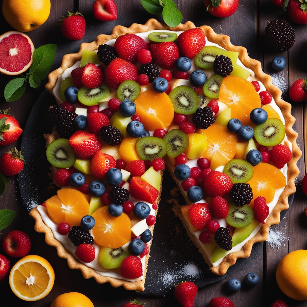 A colorful fruit tart sits on a rustic wooden table, surrounded by vibrant, fresh fruits and a sprinkle of powdered sugar. The aroma of sweet pastry and juicy fruits fills the air