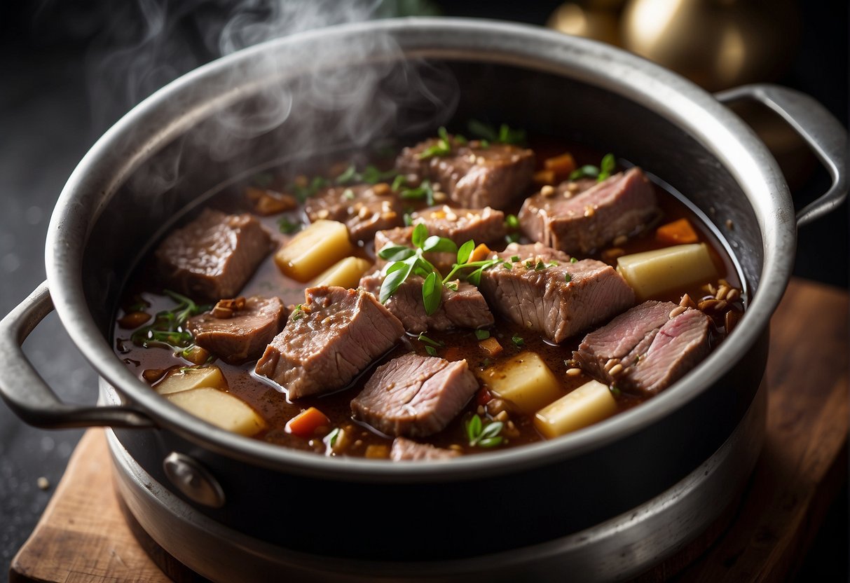 A large pot simmers with chunks of tender mutton, soaking up the rich flavors of soy sauce, ginger, and star anise. Steam rises as the meat slowly cooks, filling the air with mouthwatering aromas