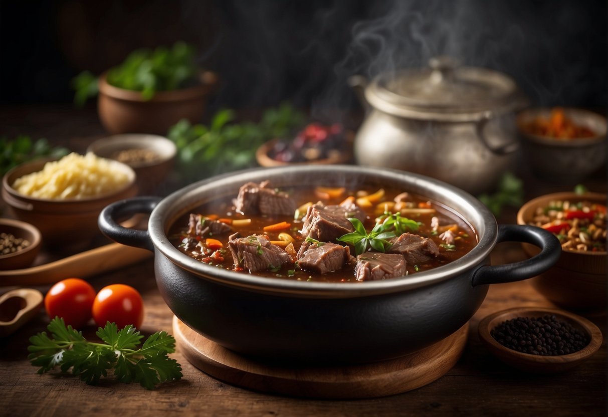 A pot of simmering mutton in a rich, aromatic sauce, surrounded by traditional Chinese spices and herbs