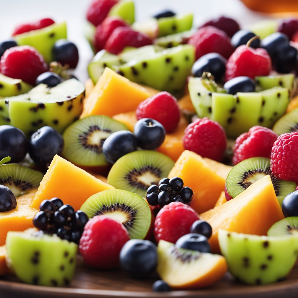 A colorful array of fresh fruits adorns a delectable tart, enticing the viewer with its vibrant and appetizing display