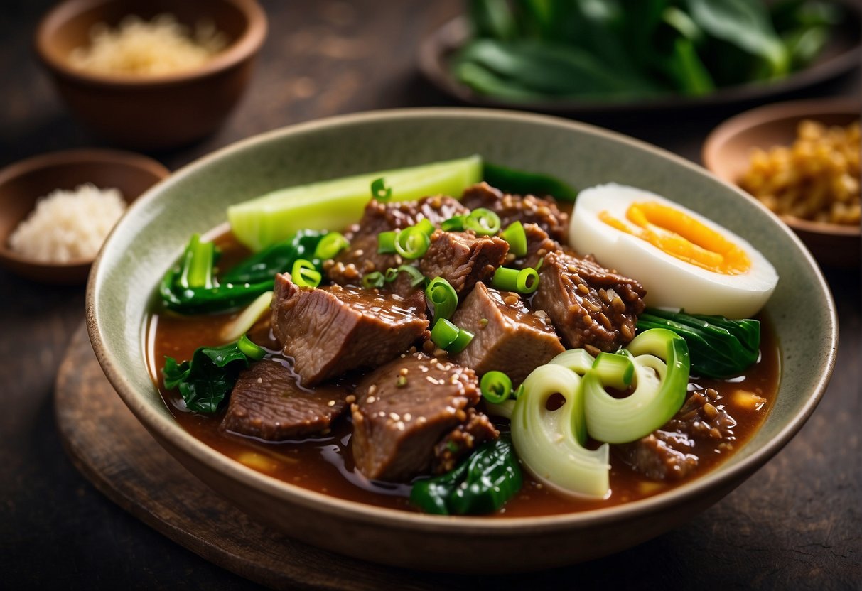 A steaming bowl of Chinese braised mutton with vibrant green bok choy and tender slices of meat in a rich, savory sauce