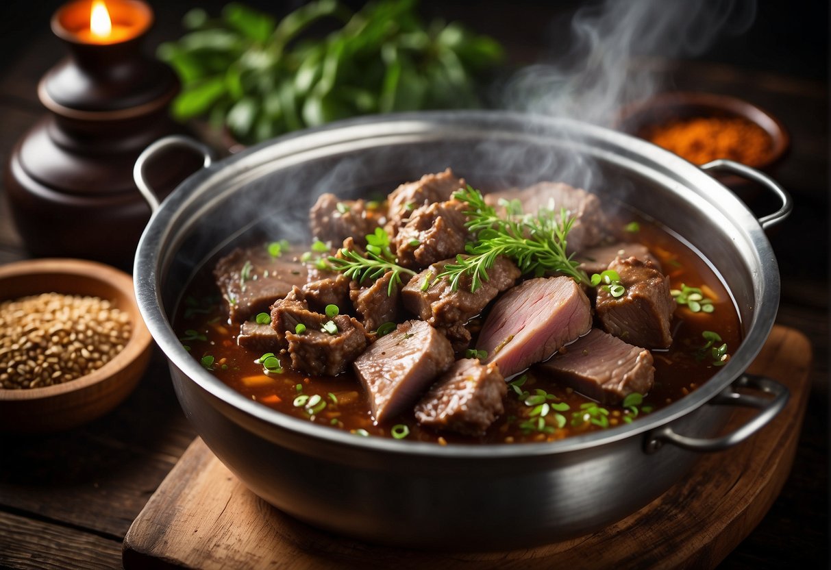 A steaming pot of Chinese braised mutton, surrounded by aromatic spices and fresh herbs, sits on a rustic wooden table