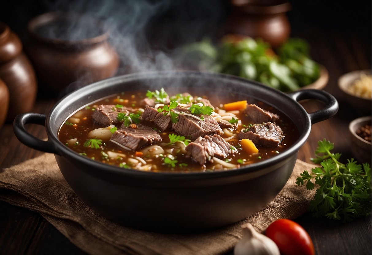 A steaming pot of Chinese braised mutton surrounded by aromatic spices and herbs, with a rich, savory broth bubbling gently