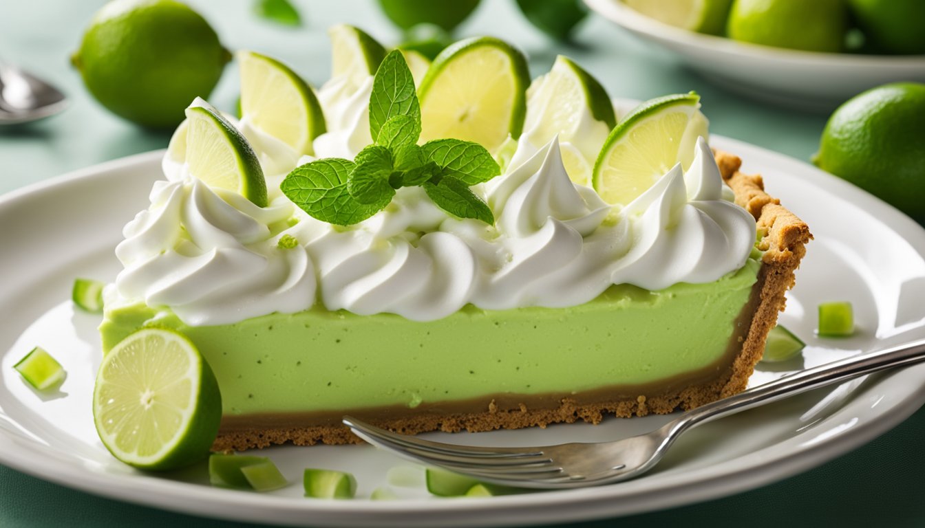 A vibrant green key lime pie sits on a graham cracker crust, topped with a dollop of whipped cream and garnished with thin slices of lime