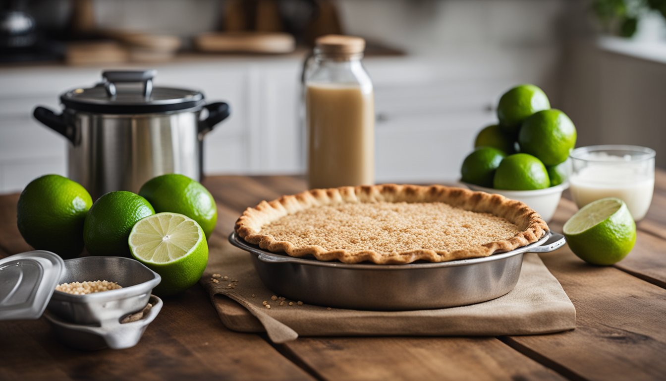 A rustic kitchen with a vintage pie tin on a wooden table, surrounded by fresh key limes, a bowl of graham cracker crumbs, and a can of sweetened condensed milk