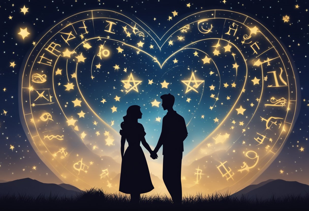 A couple's zodiac signs aligning under a starry night sky, with a glowing heart symbolizing the importance of compatibility in relationships