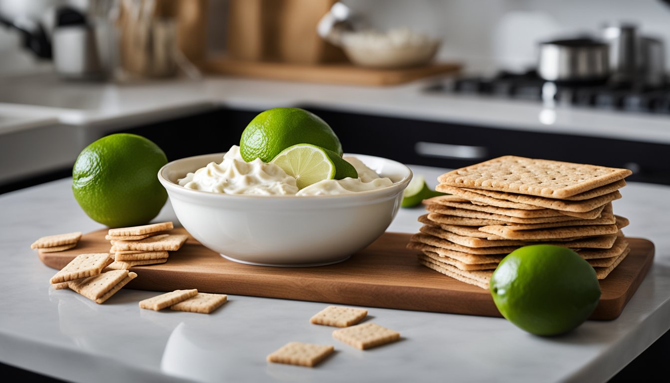 A kitchen counter with a bowl of key limes, graham crackers, a pie dish, a can of sweetened condensed milk, and a whisk