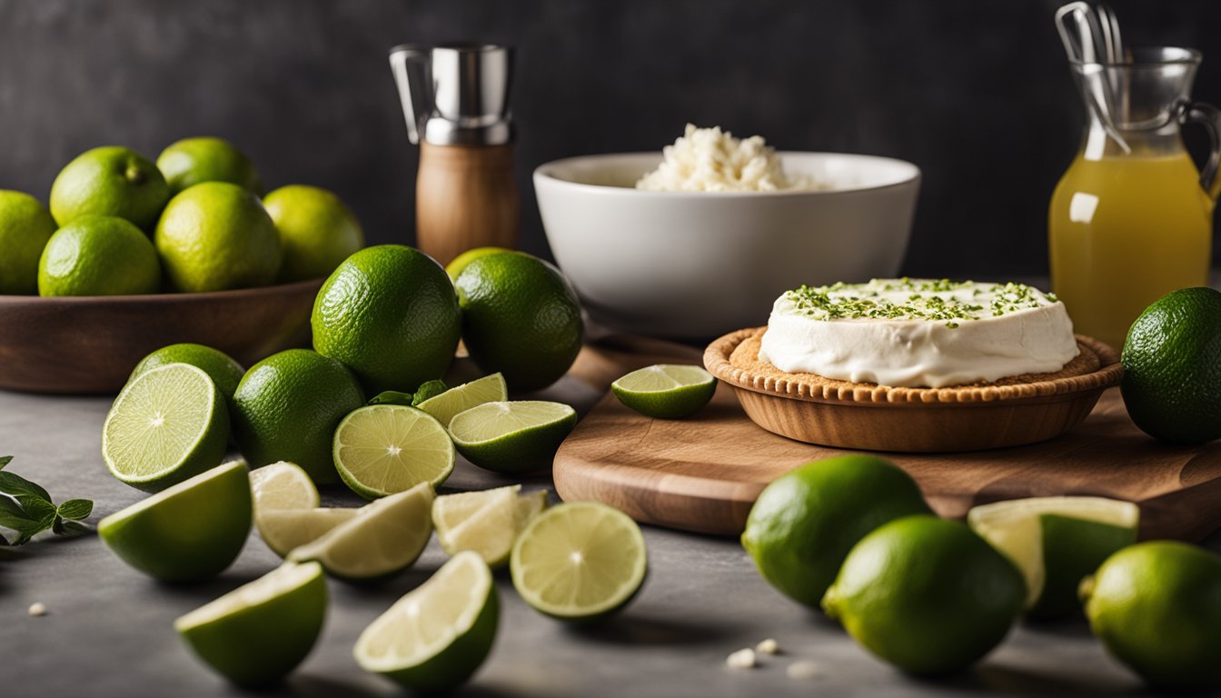 A kitchen counter with ingredients and utensils laid out for making a key lime pie