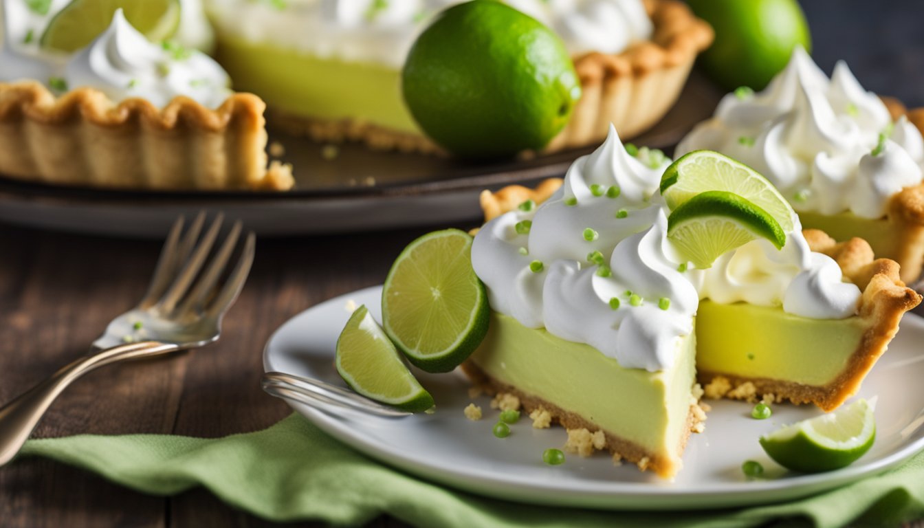 A golden-brown pie crust filled with creamy key lime filling, topped with fluffy peaks of sweet meringue. A sprinkle of lime zest adds a pop of color