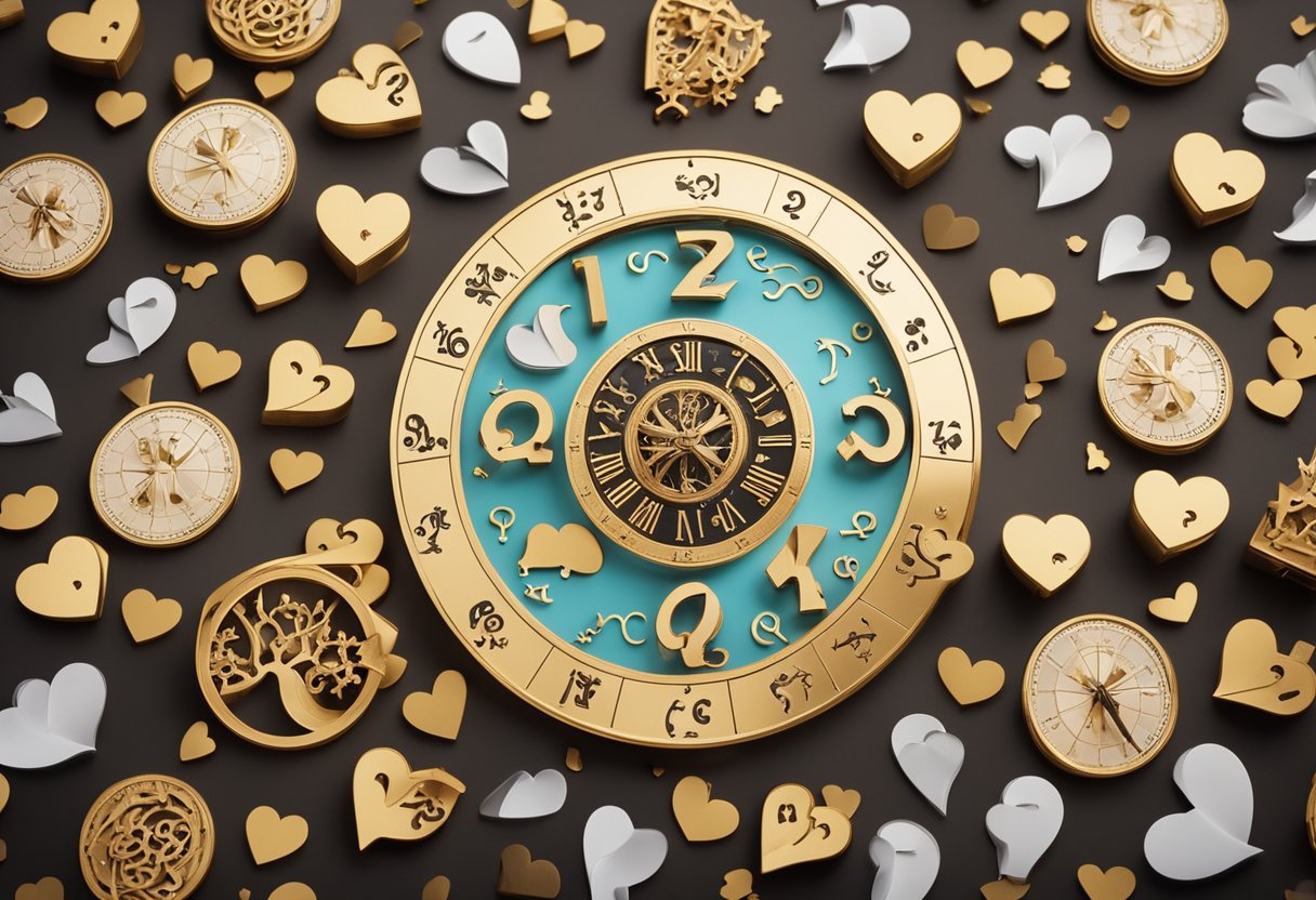 A couple's zodiac signs surrounded by hearts and question marks, symbolizing the importance of love compatibility