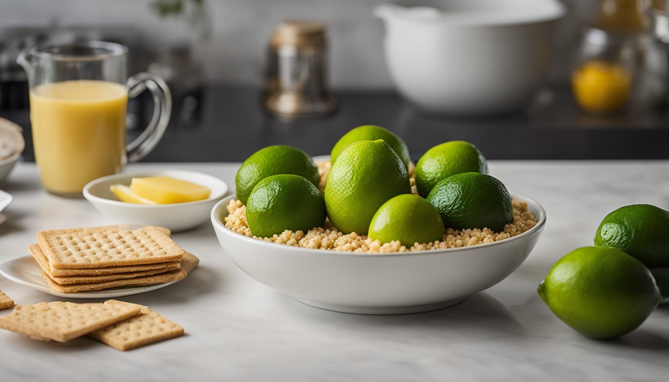 Limes, eggs, and condensed milk on a kitchen counter. A mixing bowl with graham cracker crumbs and butter. A pie dish ready for filling