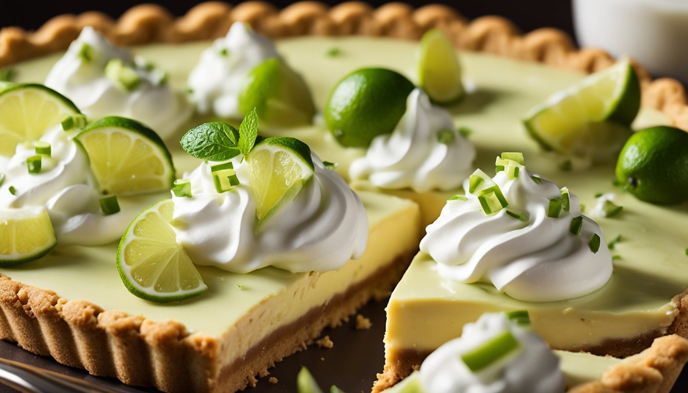 A key lime pie sits on a graham cracker crust, topped with whipped cream and lime zest. A slice is being lifted with a spatula