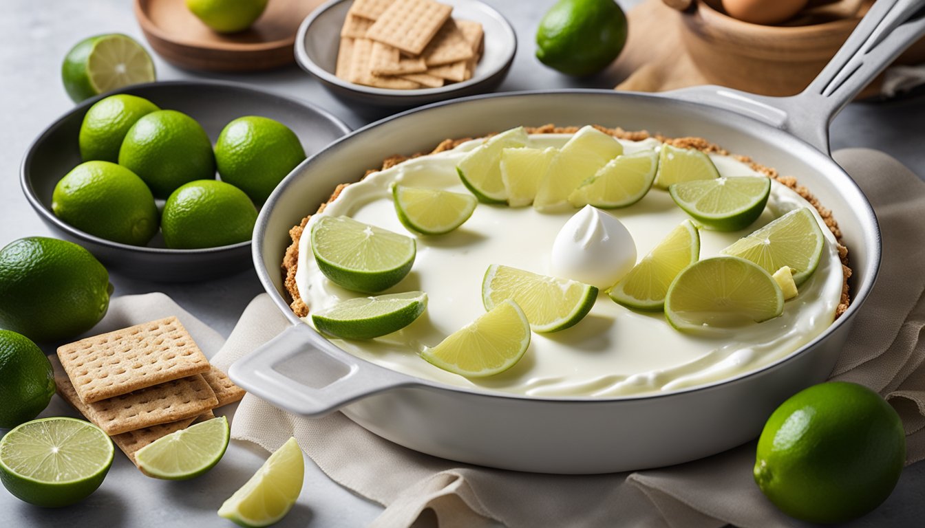 A table with ingredients (limes, graham crackers, eggs, etc.) and utensils (mixing bowls, whisk, pie dish) laid out for making key lime pie