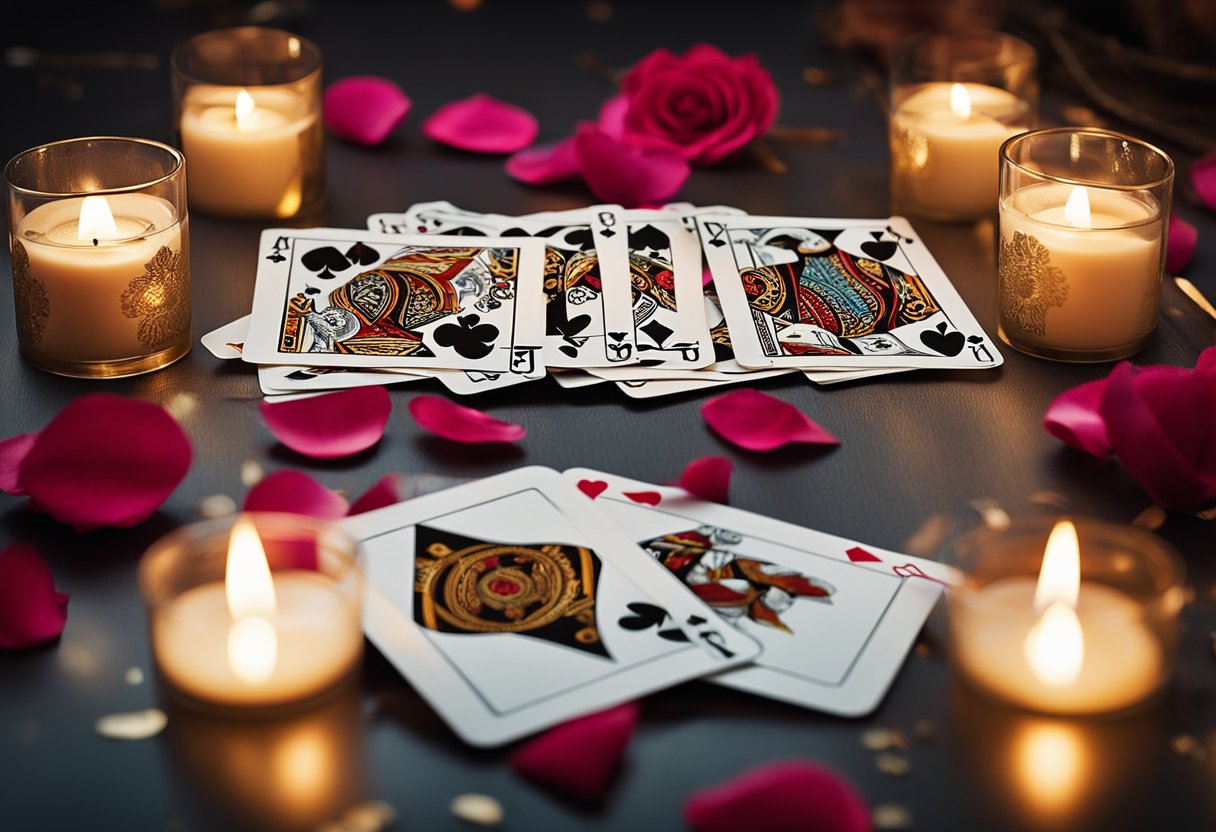 A table set for two, with a flickering candle and a scattering of rose petals. A fortune teller's deck of cards lies open, with a love compatibility spread