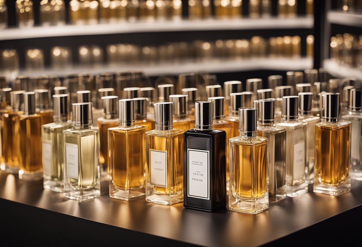 A table with 15 bottles of perfume, each labeled with a different brand, arranged in a neat and attractive display