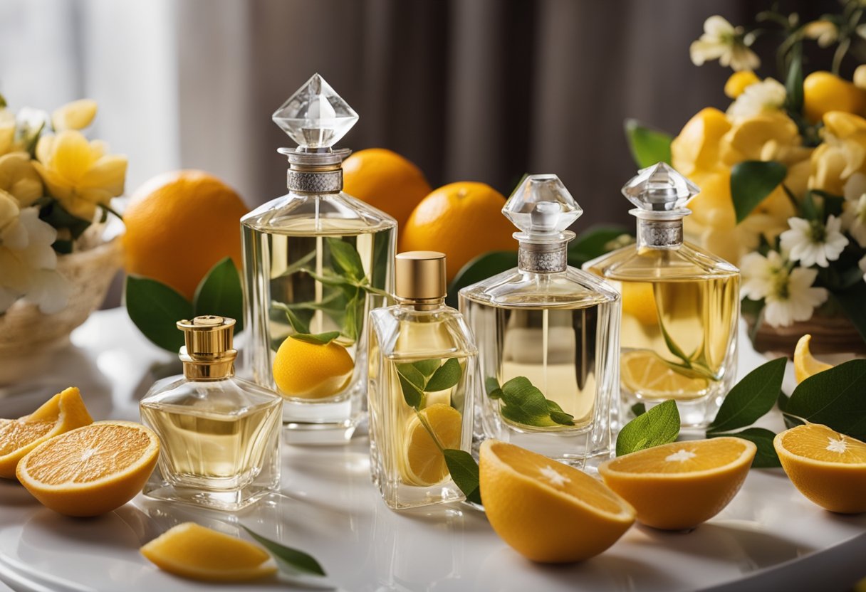 A table adorned with various perfume bottles, surrounded by blooming flowers and citrus fruits, evoking the essence of different fragrance notes