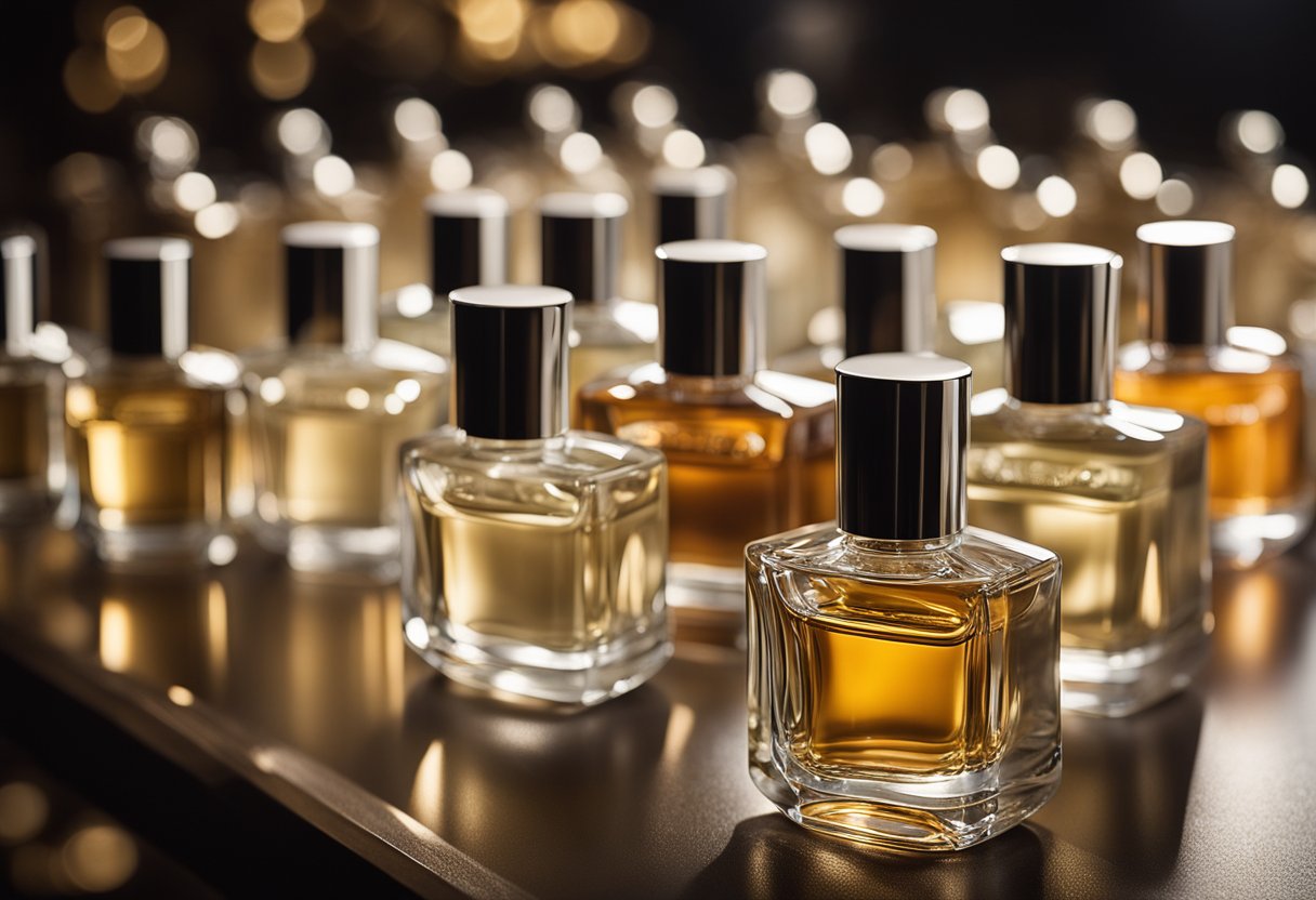 A table displays 15 perfume bottles, each with a different label. Soft lighting highlights the array of scents, creating an inviting and luxurious atmosphere
