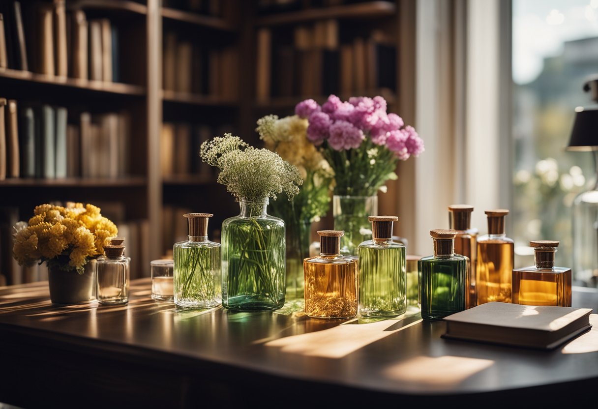 A table adorned with colorful bottles and delicate flowers, surrounded by books on perfumery. Light streams in from a nearby window, casting a warm glow on the scene