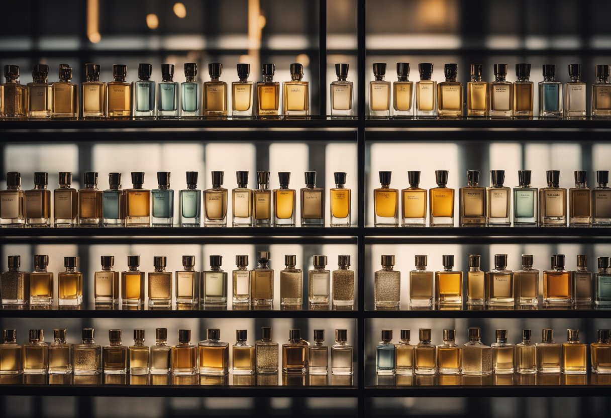 A display of 15 perfume bottles arranged on a sleek, modern shelf. Each bottle is labeled with the name of the perfume and a brief description