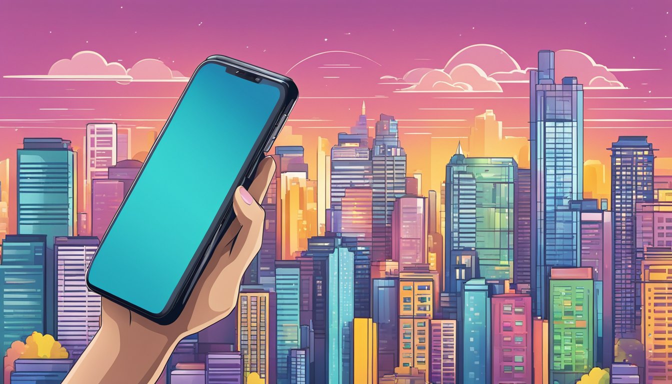 A hand reaches for a sleek mobile phone in a Singaporean electronics store. The phone is displayed against a backdrop of vibrant cityscape