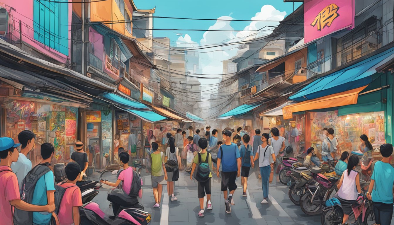 A bustling Thai street filled with vibrant graffiti, trendy shops, and locals sporting unique streetwear brands