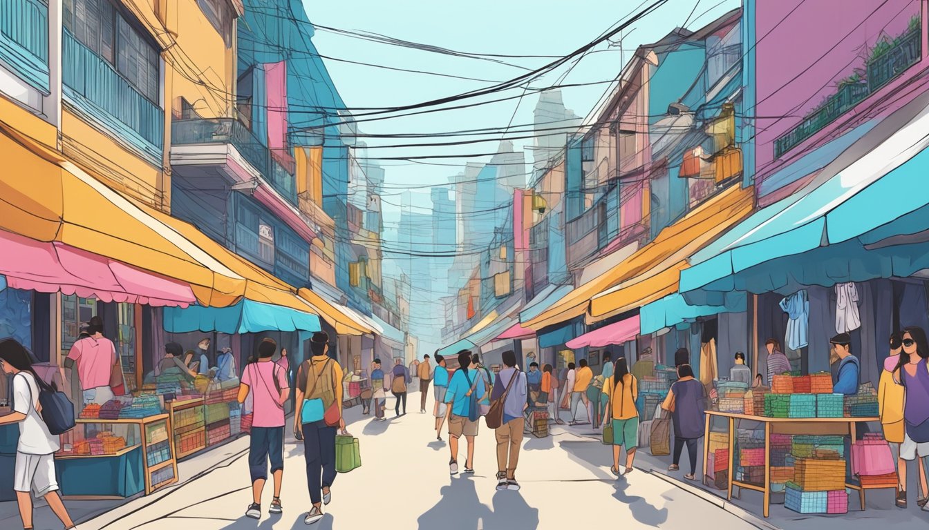 A bustling street in Thailand with colorful storefronts and trendy fashion boutiques. Pedestrians browse the latest streetwear brands while vendors sell unique accessories